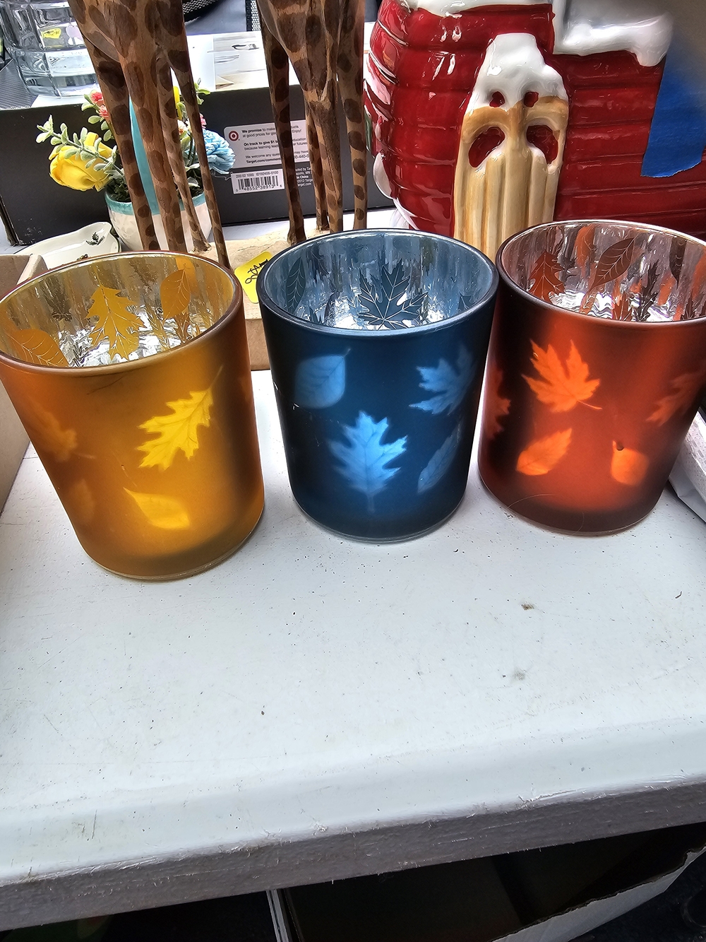 Frosted Leaf Glass Votive Trio in Gold, Blue & Orange